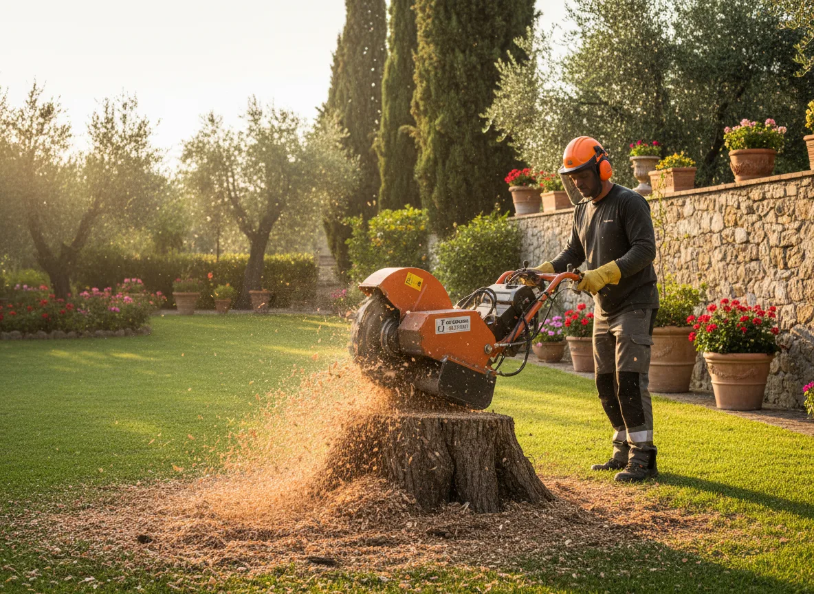 Rimozione di ceppo con stump grinder in giardino