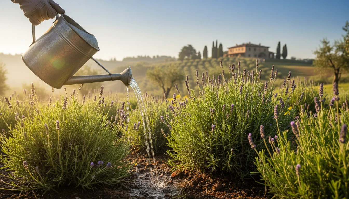 Aiuola mediterranea con lavande in fiore e rosmarini in giardino lombardo