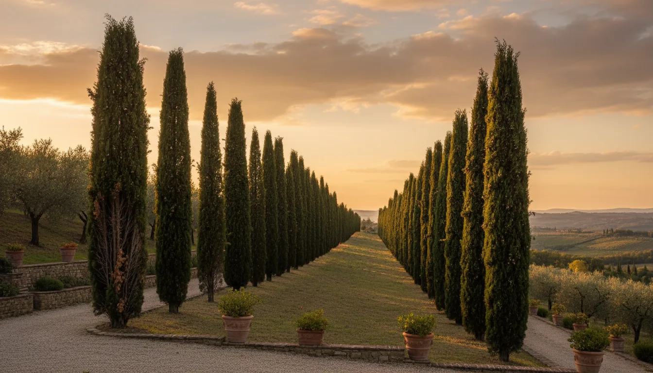 Cipressi colonnari in formazione piramidale lungo viale italiano, portamento slanciato e ordinato