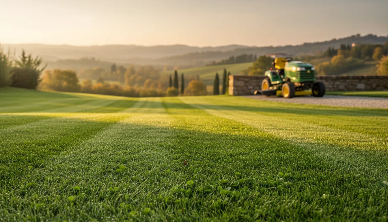 Concimazione autunnale del prato in giardino residenziale con distributore centrifugo