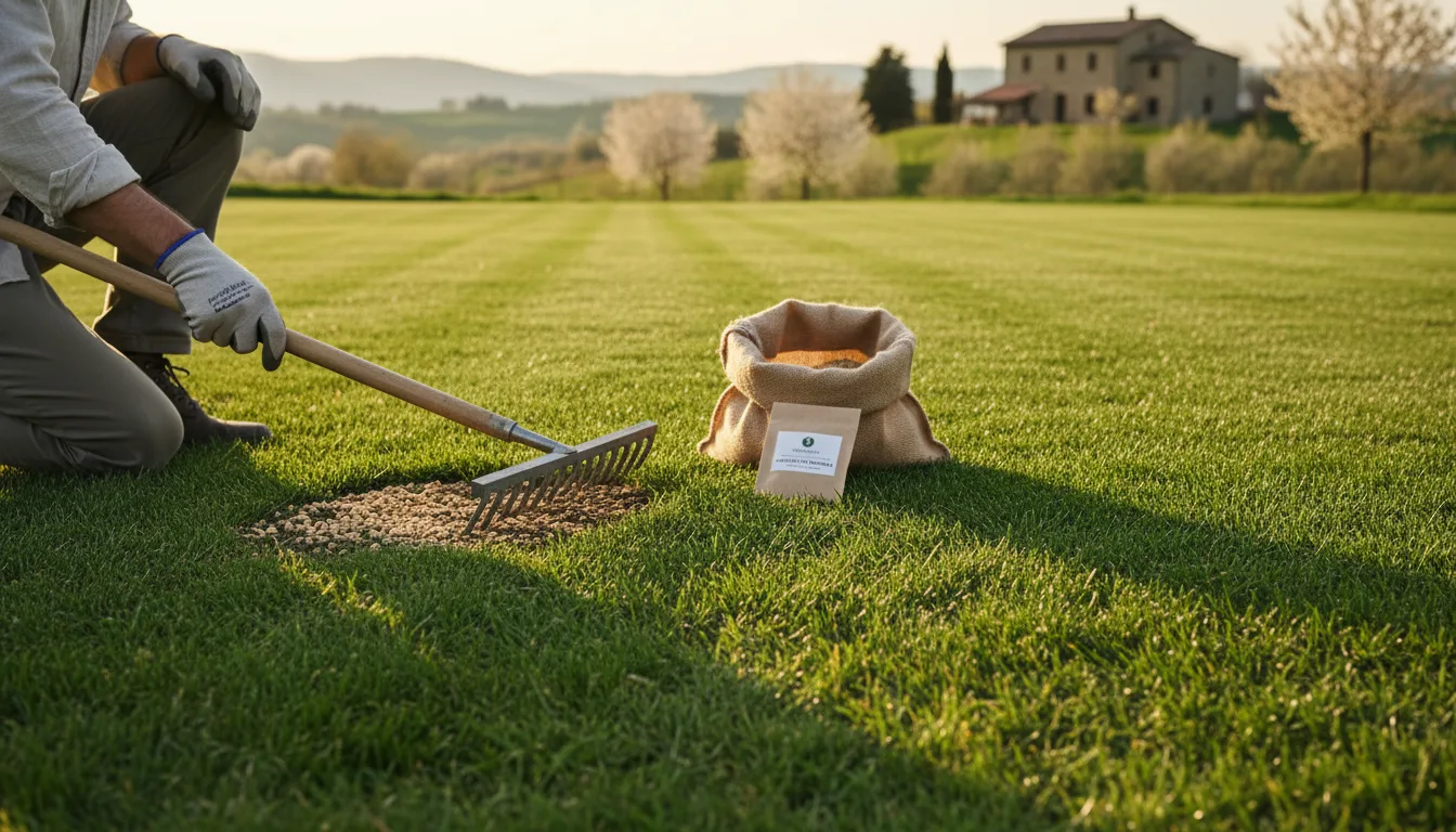Semina di prato microterme con rastrello e sementi certificate in primavera