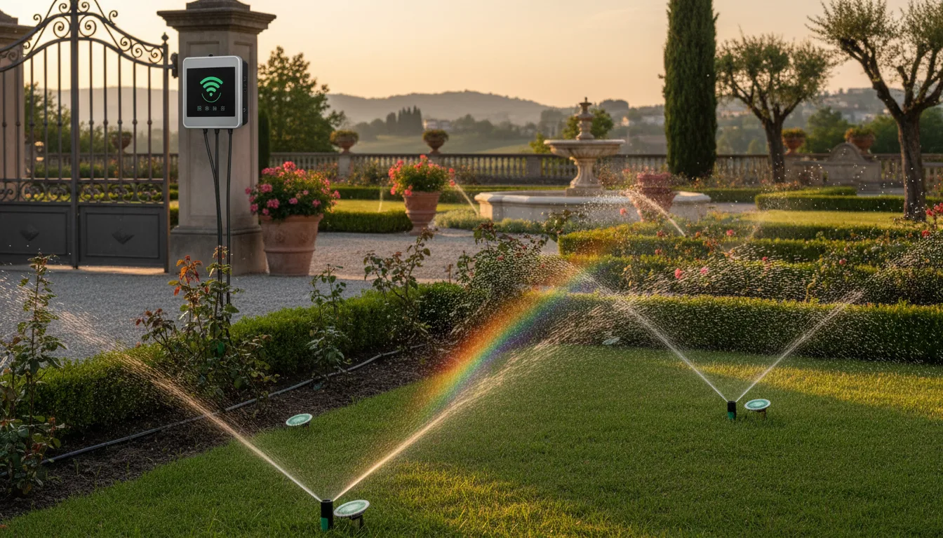 Centralina smart per irrigazione in villa residenziale con controllo Wi-Fi e sensori