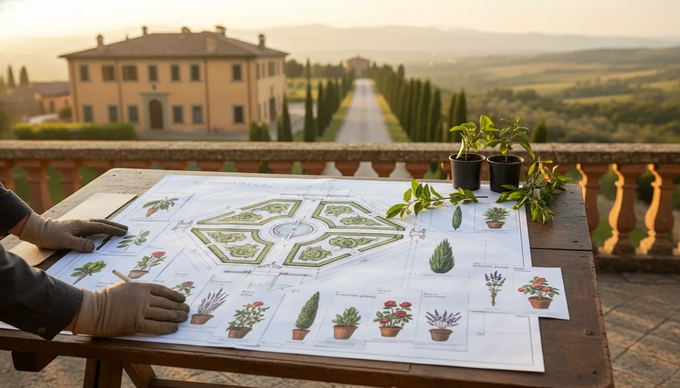 Tavolo di progettazione con planimetria e selezione piante per giardino privato