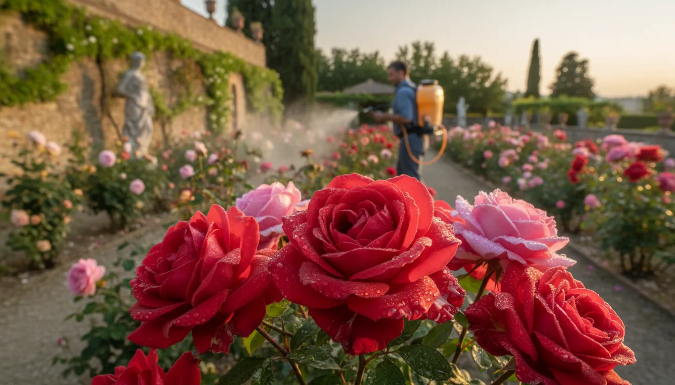 Trattamento fitosanitario professionale su roseto con apparecchiature specifiche