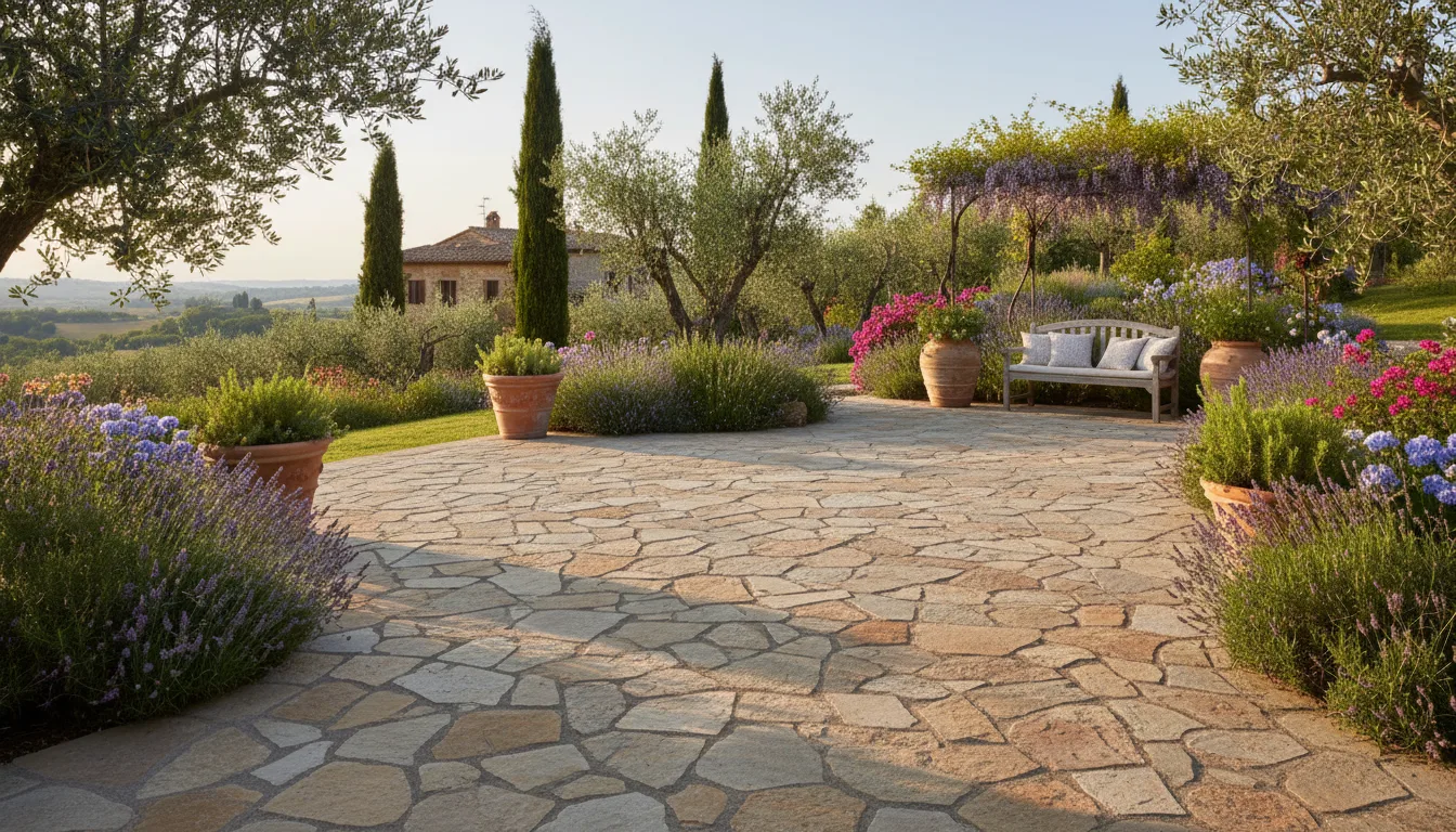 Area residenziale con pavimentazione in pietra naturale appena completata