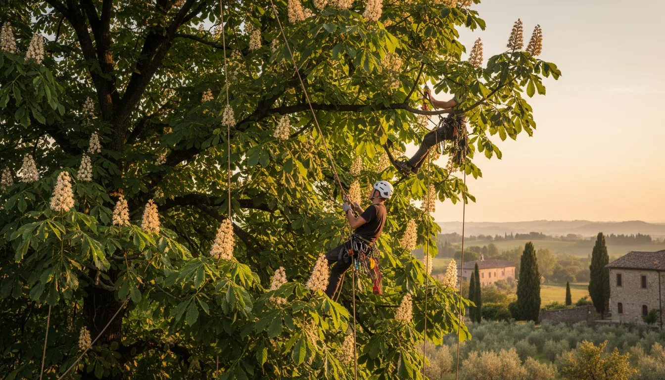 Squadra di tree climber in intervento su ippocastano, salita su fune statica