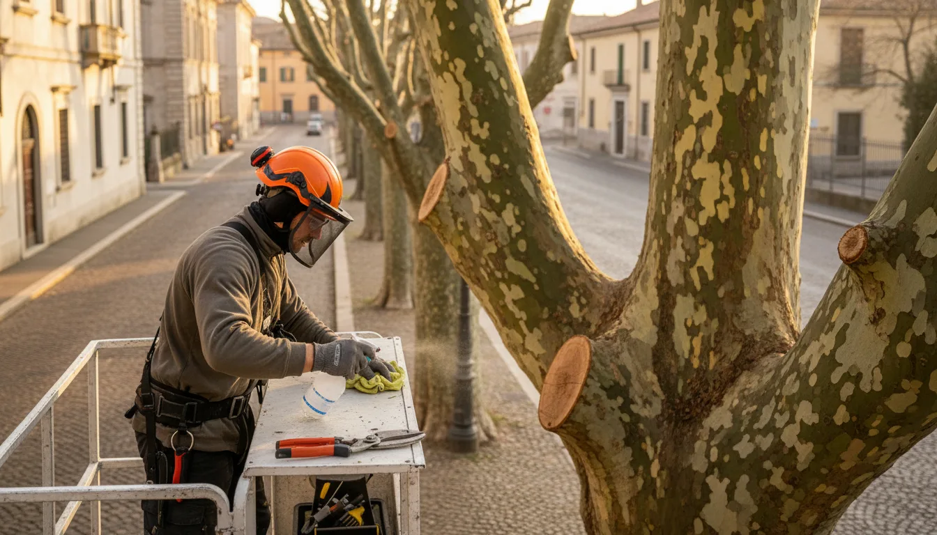Operatore che applica protocollo di disinfezione attrezzi durante intervento su platano