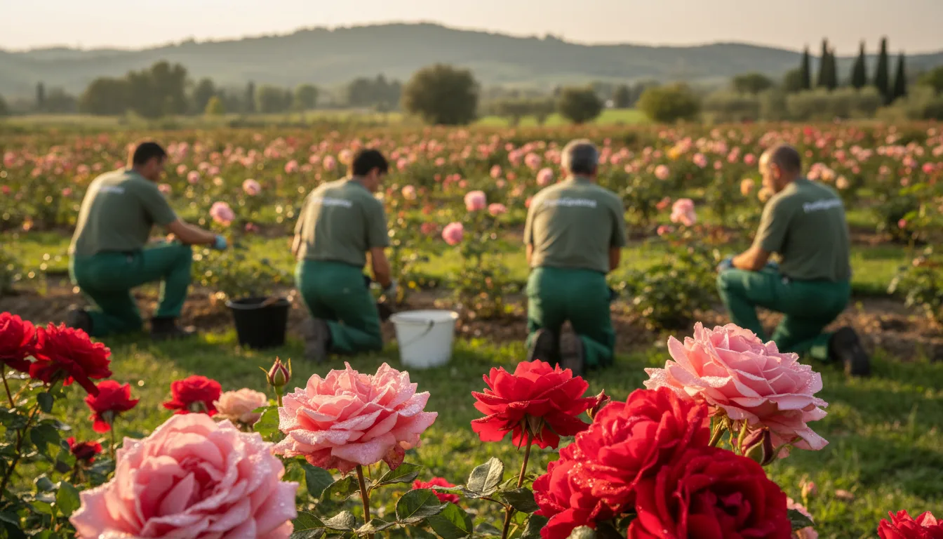 Manutenzione primaverile con squadra Pentagiardini tra rose in fiore