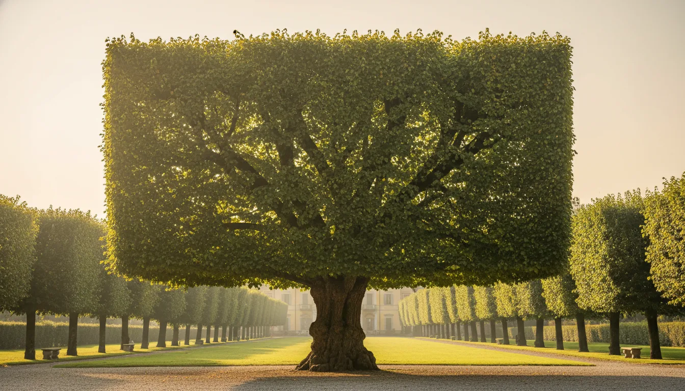 Vista frontale di grande tiglio in un parco storico con chioma ordinata e struttura bilanciata