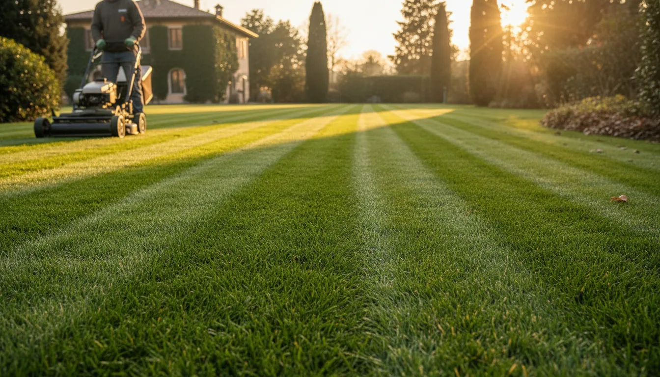 Manutenzione prato con rasatura professionale in giardino residenziale