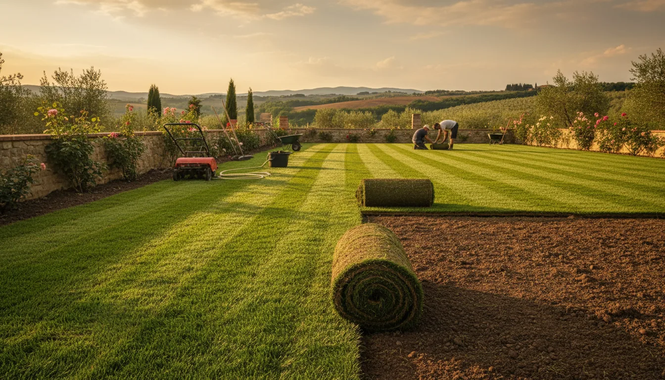 Posa di prato a rotoli con preparazione del terreno a regola d'arte in giardino privato