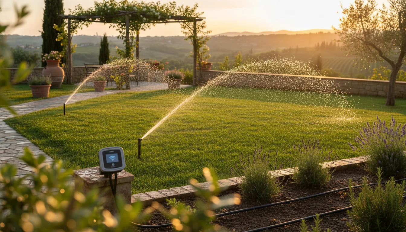 Impianto di irrigazione con centralina smart installato in giardino residenziale