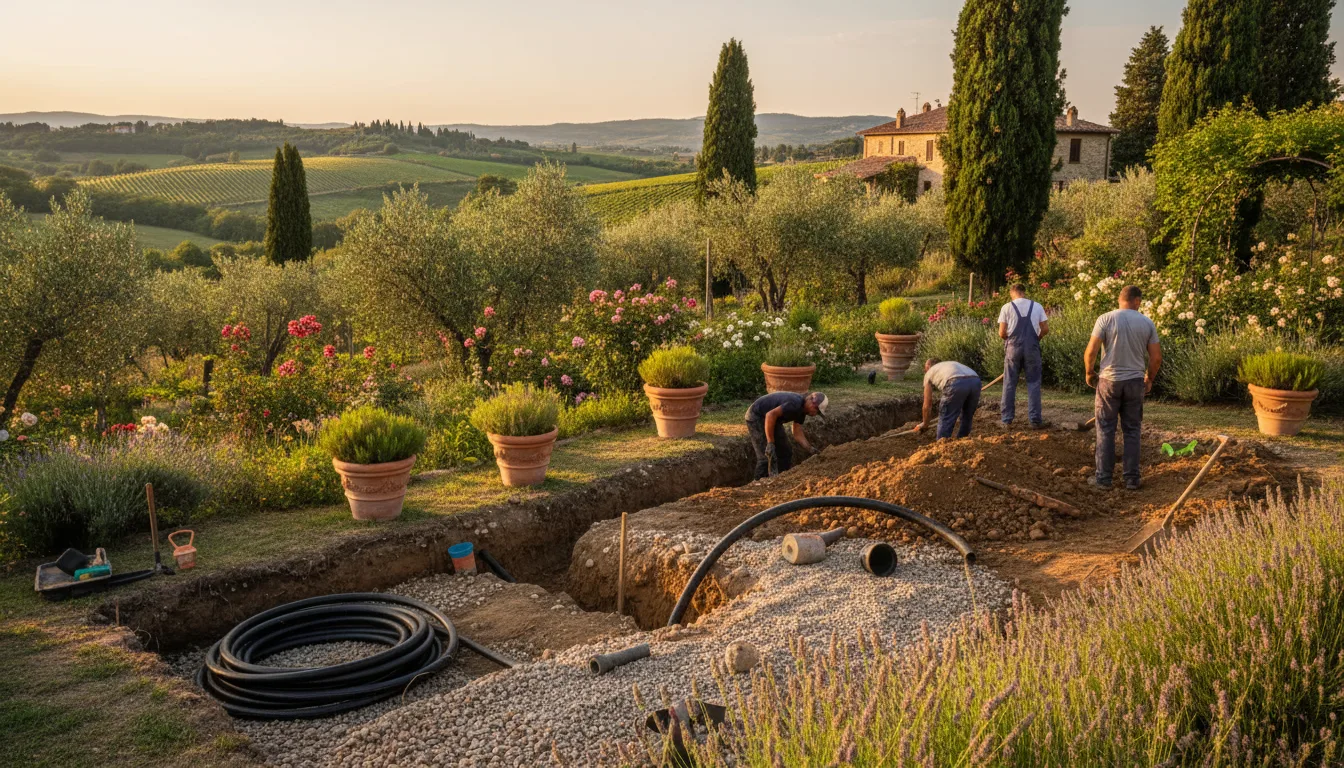 Area di cantiere con posa drenaggi e preparazione del terreno