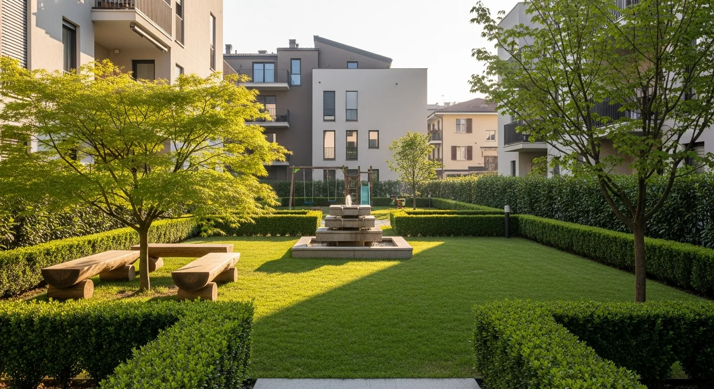 Cortile condominiale con giardino ben curato a Milano