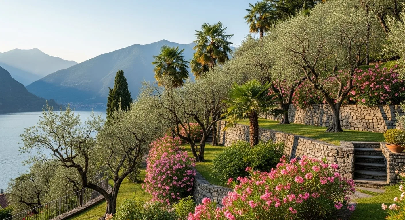 Giardino mediterraneo terrazzato sul lago di Como con olivi e palme