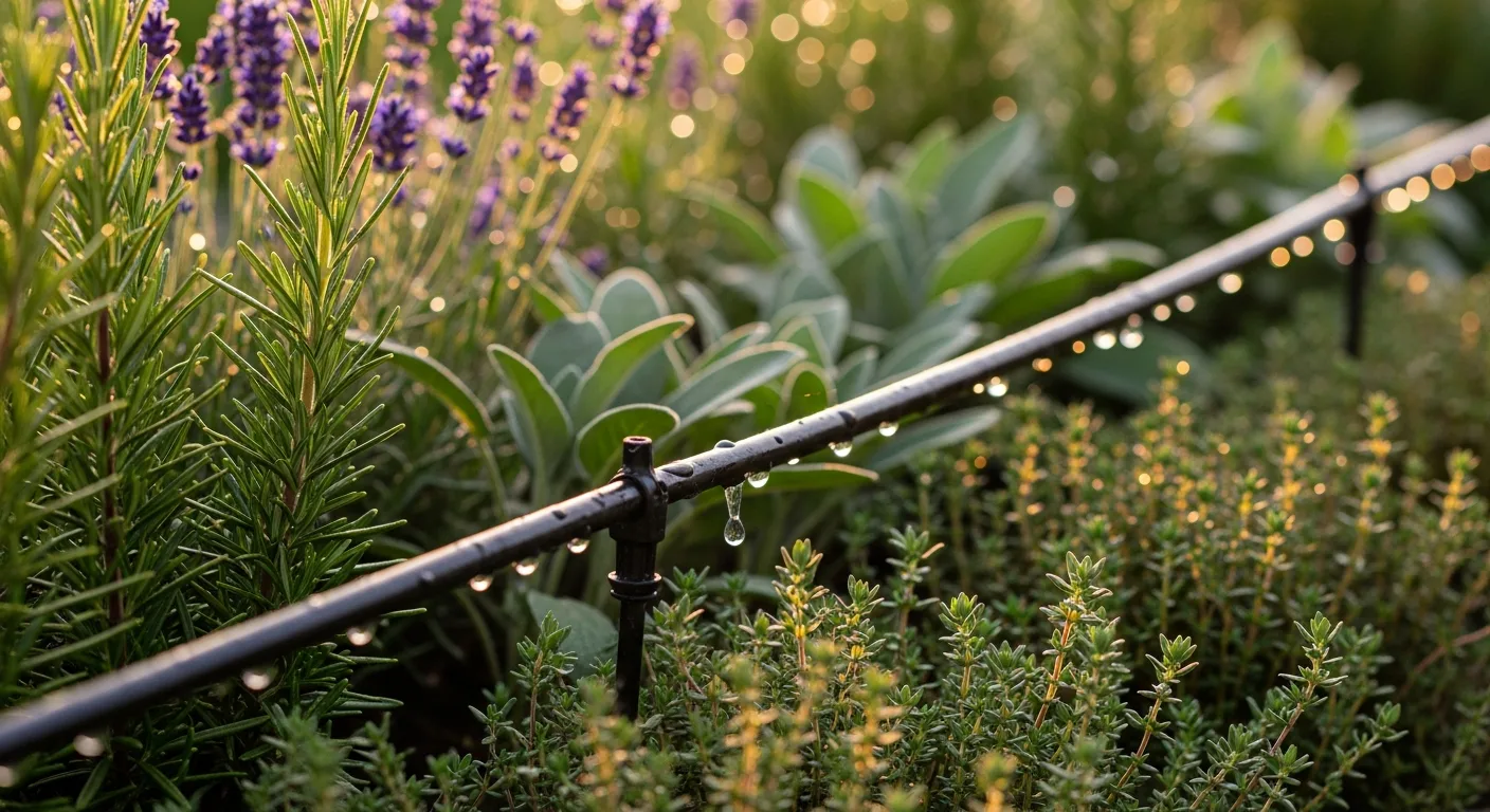 Linea di irrigazione a goccia su aiuola di erbe aromatiche