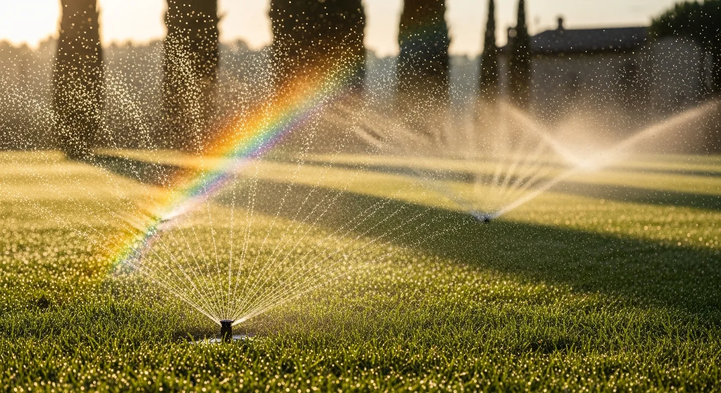 Irrigatori pop-up in funzione su prato al mattino