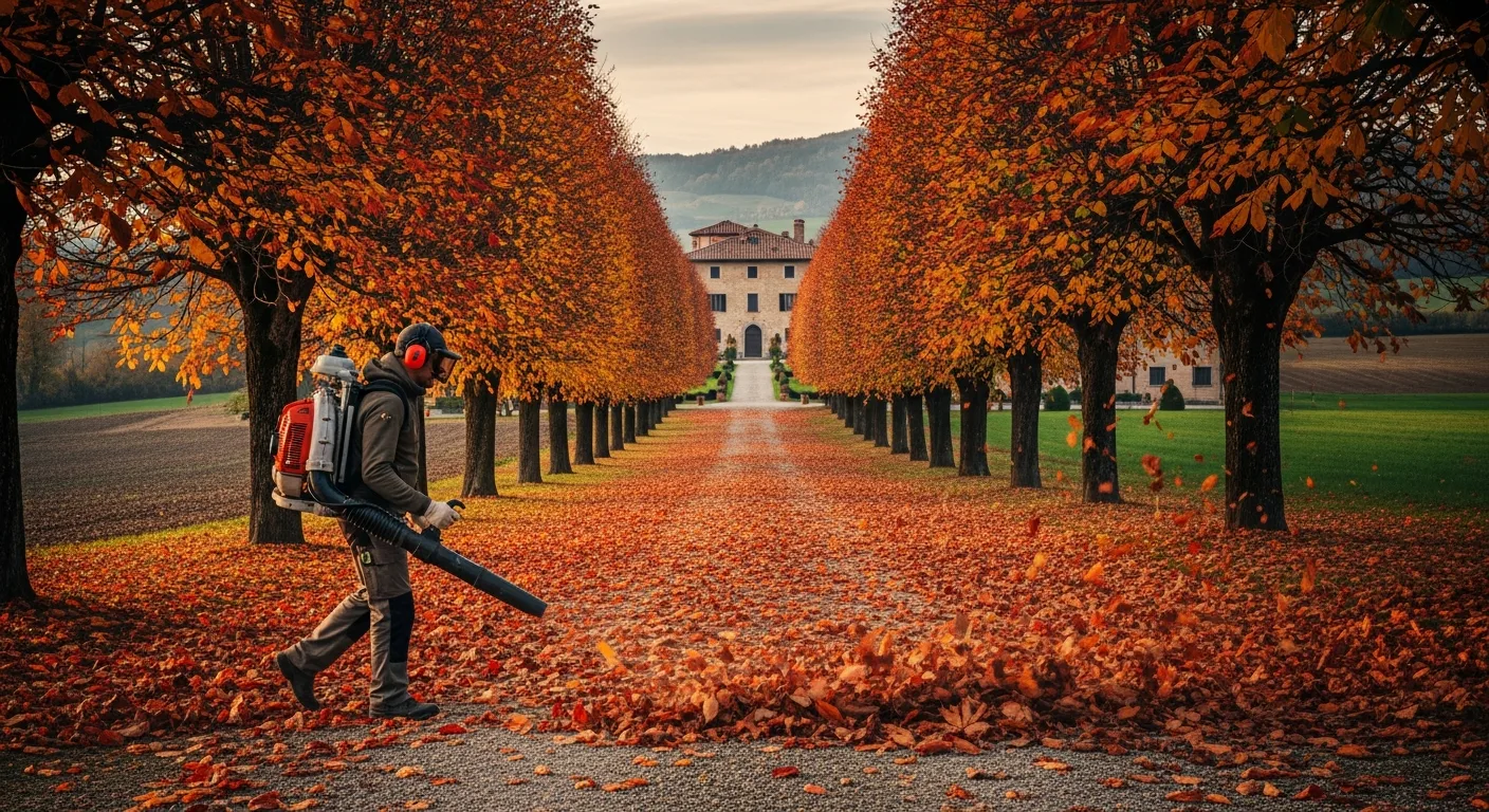 Pulizia autunnale di un viale di giardino con soffiatore