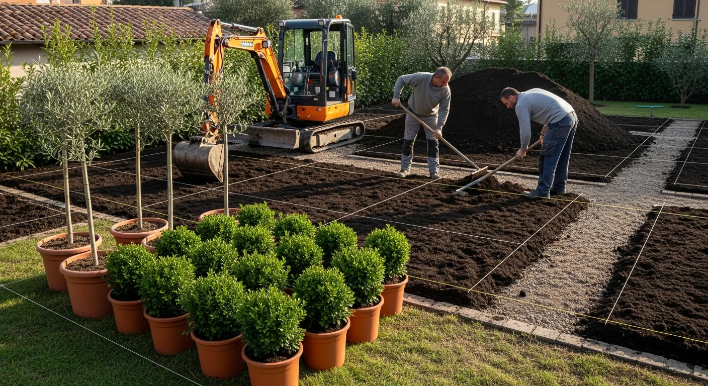 Cantiere di realizzazione nuovo giardino con operai e piante
