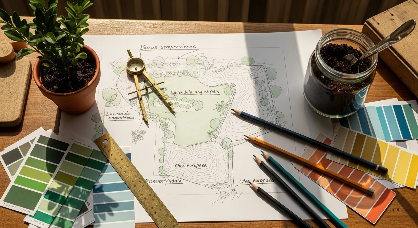 Tavolo di progettazione con piante di giardino e campioni botanici