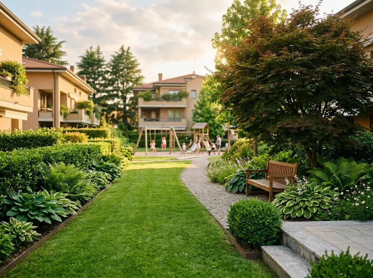 Giardino condominiale con panchine e aiuole ben curate