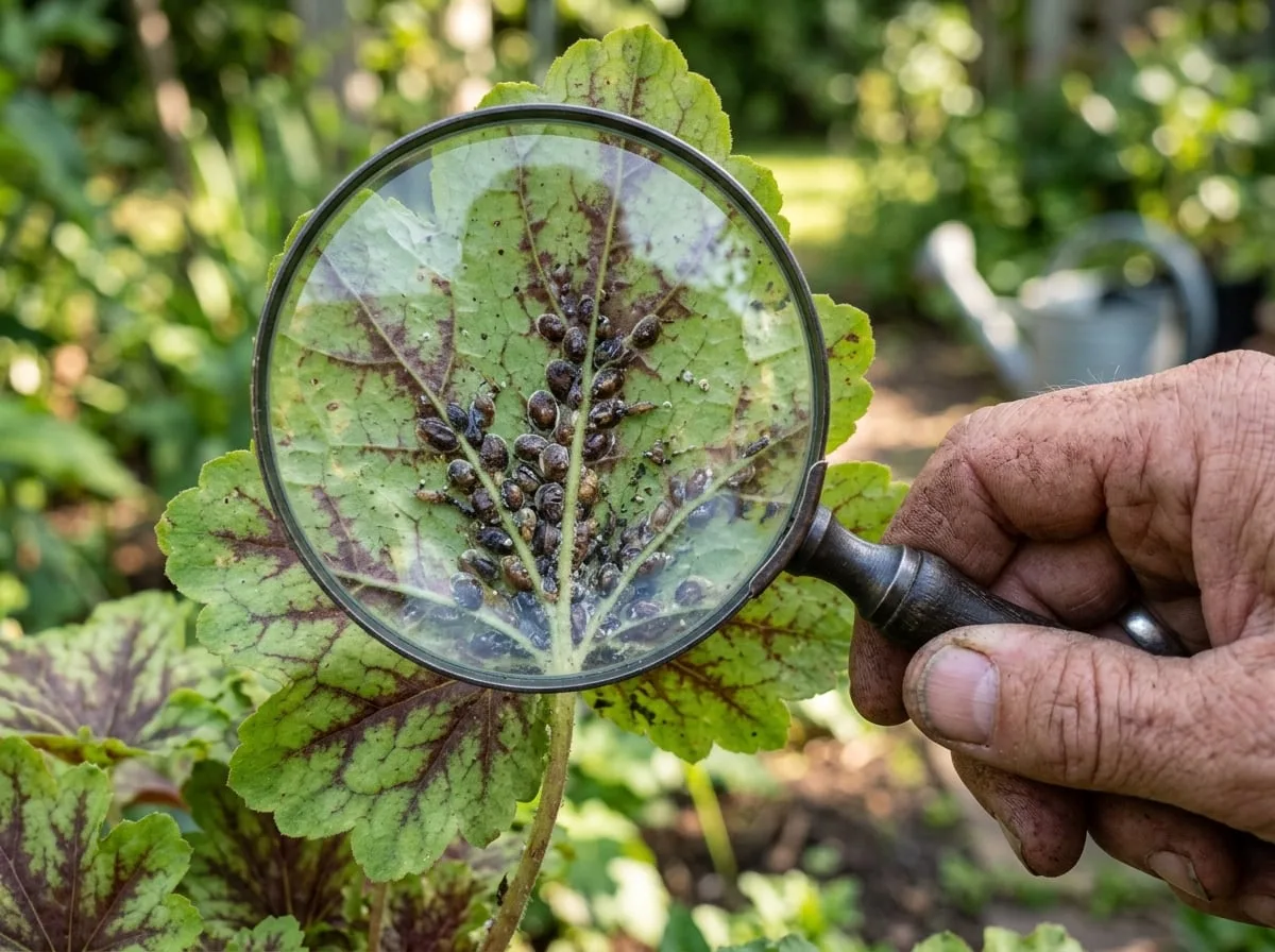 Analisi fitosanitaria di una foglia con lente di ingrandimento