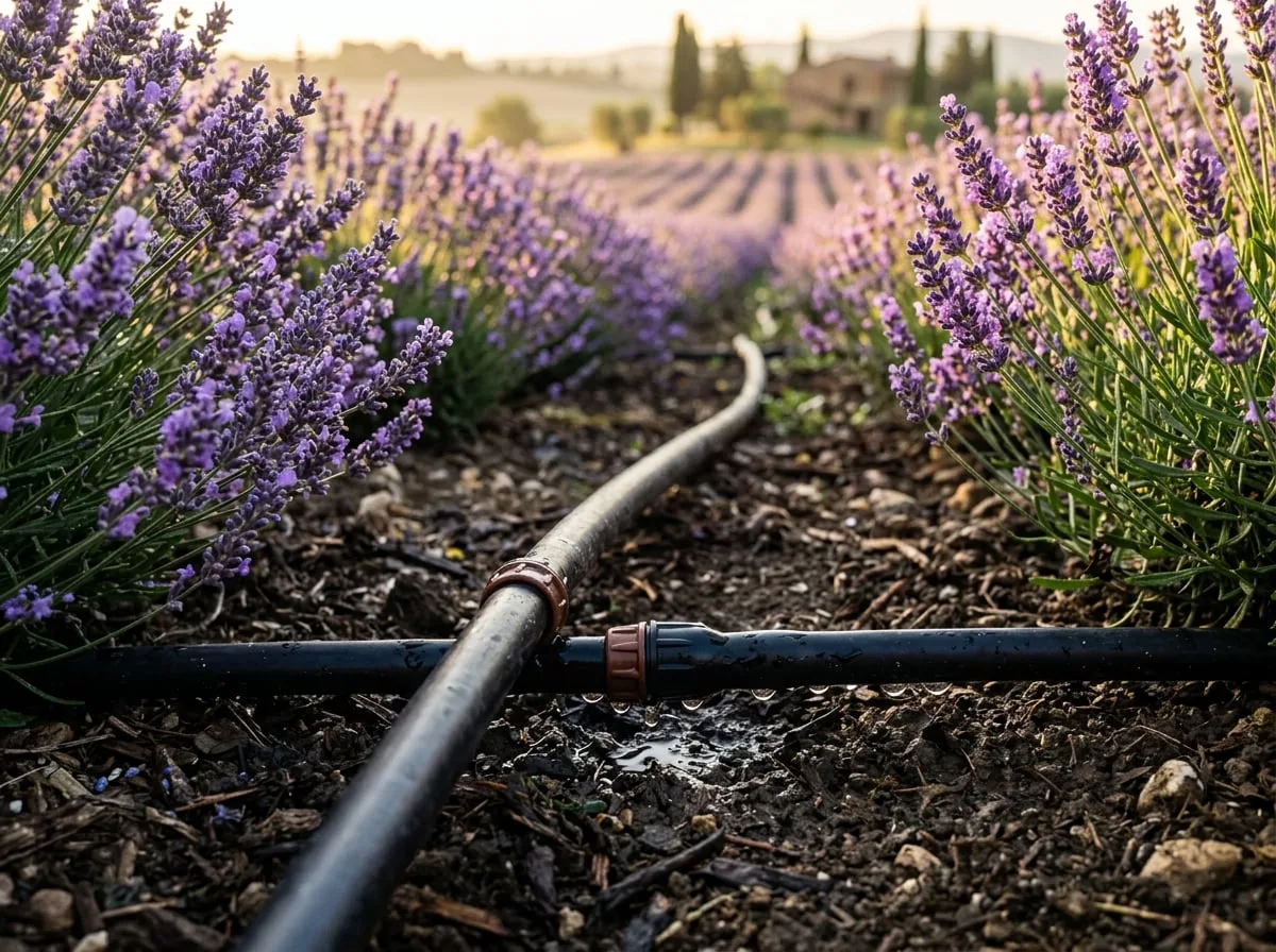 Linea goccia tra piante di lavanda in aiuola ornamentale