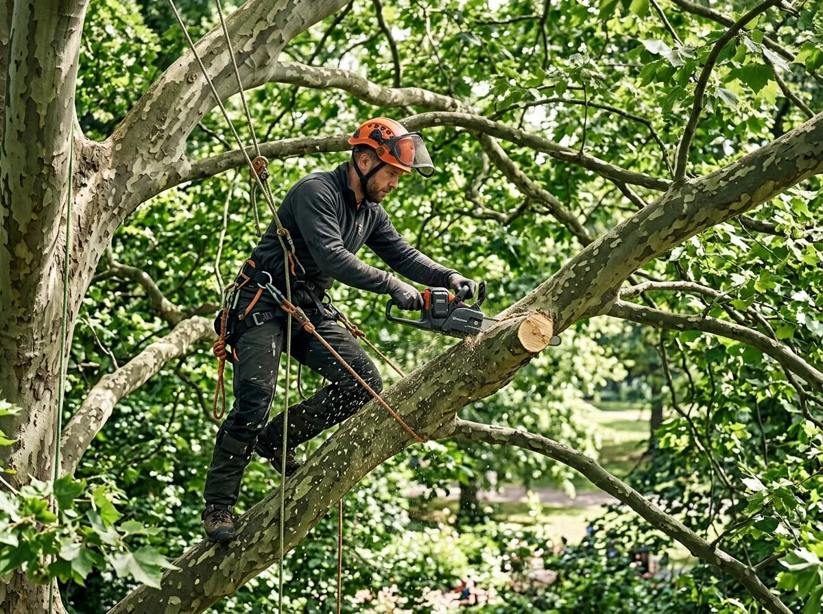 Tree climber pota in quota un grande platano con motosega a batteria