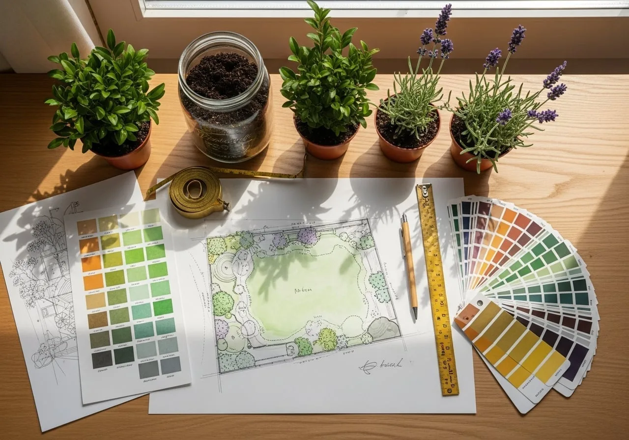 Tavolo da progettazione con piante di giardino, campionature terra e palette botanica