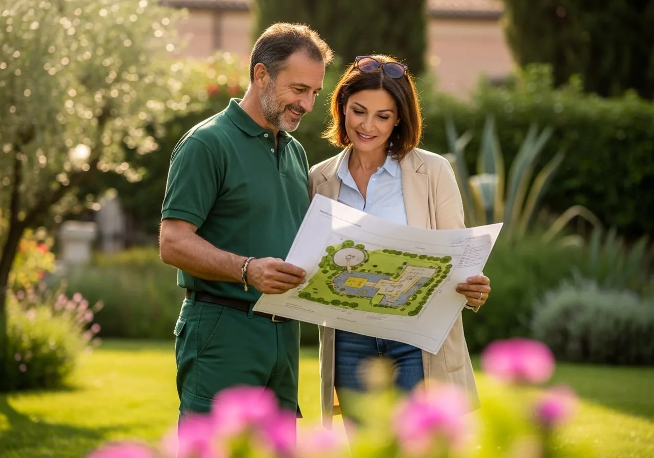 Giardiniere mostra al cliente il progetto esecutivo del nuovo giardino